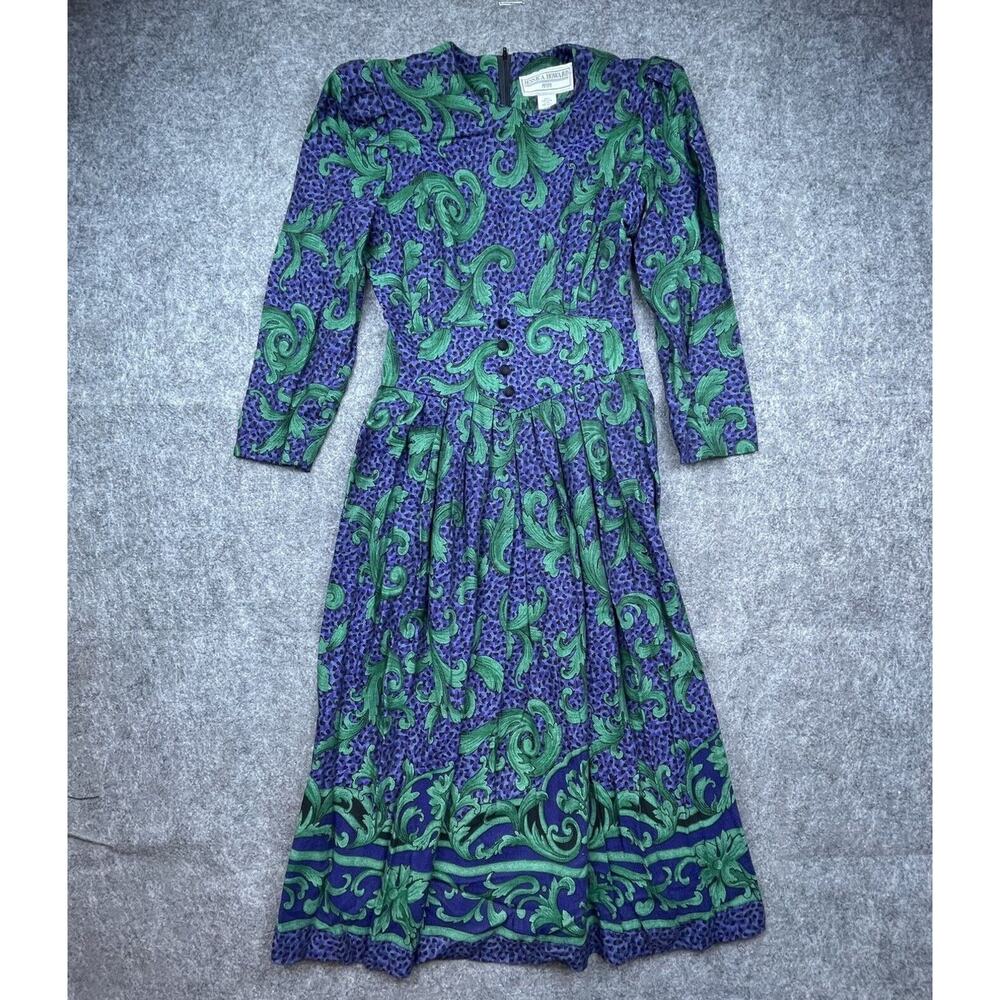 Vintage Jessica Howard Petite Dress 6 Blue Green 80s Secretary Scroll Wasp Waist - Picture 1 of 7